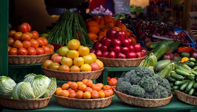 colorful display of fresh vegetables and fruits at a local market - Powered by Adobe