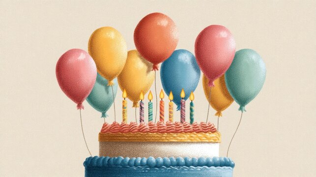 A bright cake with colorful icing stands at the center topped with lit candles. Surrounding it are cheerful balloons in various colors evoking a festive mood typical of birthday celebrations.