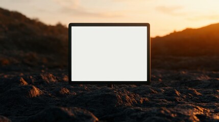 Empty monitor screen on rugged terrain with intense burning light in backdrop