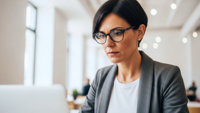 Professional woman working on laptop in modern office space  