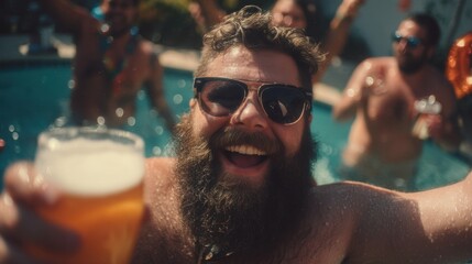 A joyful gathering of friends splashes in a pool while holding drinks laughing and celebrating together on a sunny summer day creating lasting memories.