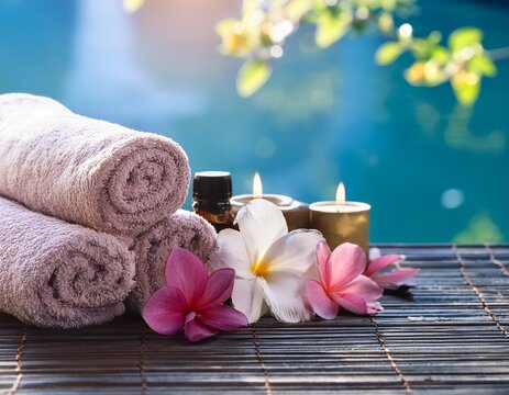 relaxing spa essentials with fresh towels and floral aromatherapy for ultimate rejuvenation today - Powered by Adobe