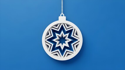Minimalist White Christmas Bauble Illustration with Geometric Star Design on Royal Blue Background