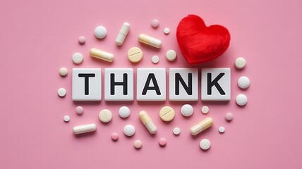 Thank you message with heart and pills on pink background