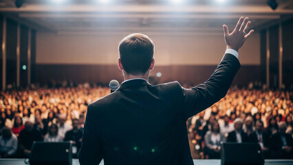 Fototapeta premium Male speaker addressing audience at conference with raised hand 
