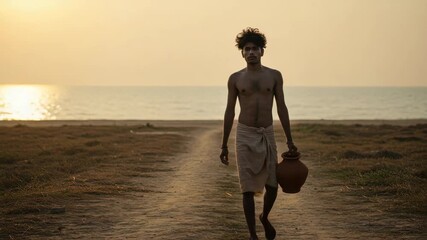 A young man walks along a path by the sea at sunset while holding a clay pot