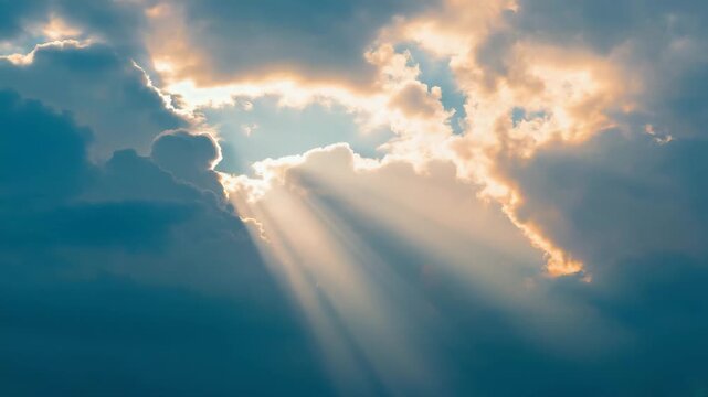 Stunning golden sun rays break through dramatic dark clouds creating a vibrant heavenly light effect in the sky