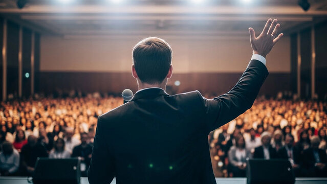 Male speaker addressing audience at conference with raised hand  