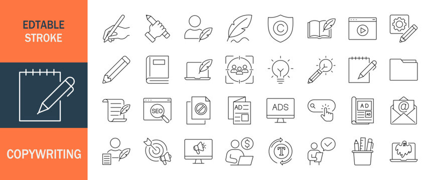 Copywriting icon set. Editable line icons. Vector illustration.
