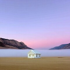 White House Standing Alone in a Field with Mountains and Fog