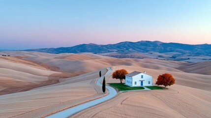 White House on Rolling Hills at Sunset