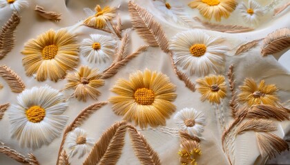 delicate floral embroidery on linen fabric detailed daisy patterns in soft cream and yellow tones