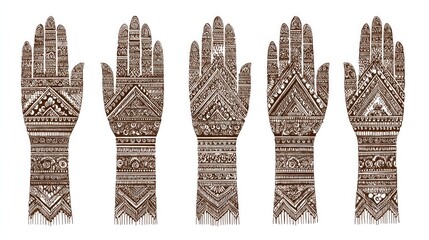 Collection of intricate temporary skin adornment patterns displayed across five hands
