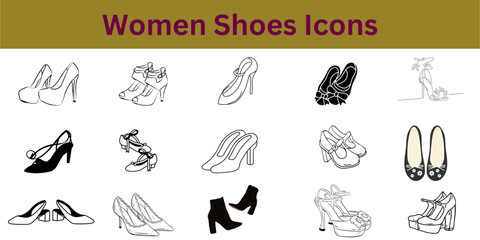 Women Shoes Outline Icons: Vector Set of Heels, Flats, Sandals, and Fashion Footwear Styles