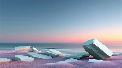 White Rocks on Purple Grass by the Sea at Sunset