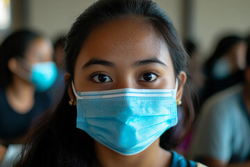 Generative AI image of a student in mask and face shield attending class during pandemic school lecture or exam