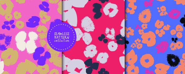Set of three abstract floral seamless patterns in a modern color palette. Ideal for textile prints, packaging, wallpapers, fabric design, stationery
