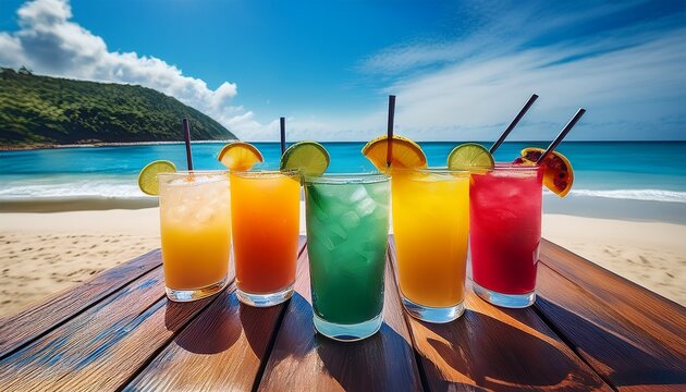 colorful tropical drinks on a beachside table during a sunny day
