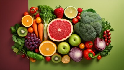 fresh vegetables and fruits arranged beautifully on a bright background for healthy eating