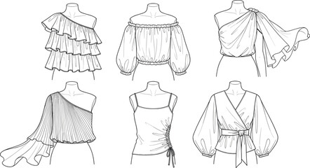 Collection of six stylish women's blouses technical sketches, one-shoulder top with ruffle and pleat details, off-the-shoulder, drawstring tank top, balloon sleeves, fashion flats, vector design. © Amit World