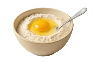 Preparing dough ingredients with flour, raw egg yolk, and spoon in a bowl for baking food on transparent background