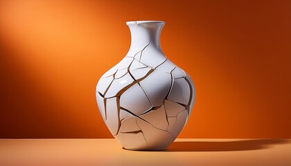 cracked white vase on orange background faience art symbolizing fragility
