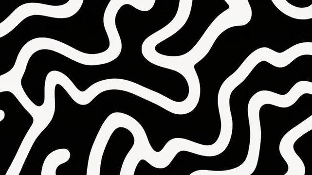 黒と白の大胆な抽象パターン、有機的な曲線が流れるモノクローム背景アート