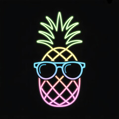 A cartoon vector illustration of a pineapple in a glass surrounded by beach holiday design elements and green plant decoration