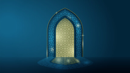Islamic background with mosque arch and light effect design on blue background.