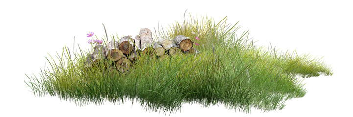 the small hedgehog/Stacked wooden logs surrounded by tall green grass and small wildflowers on a white background.