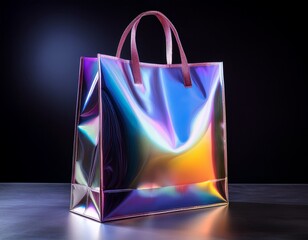 iridescent shopping bag radiating ethereal hues against a dark background