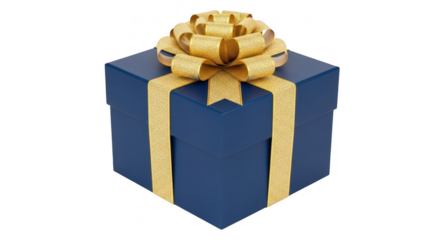 Blue gift box with gold ribbon bow isolated on transparent background