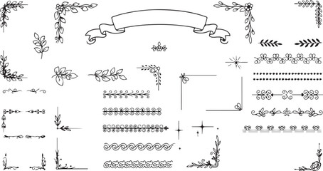 Hand Drawn Floral Frames, Vintage Corners, Dividers, Laurels and Decorative Borders Collection in Black and White