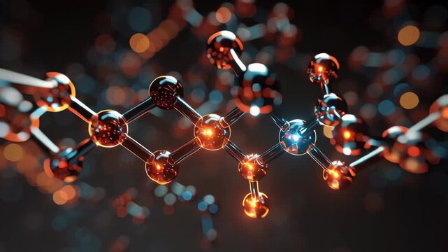 A string of glowing spheres that are connected to each other. The spheres are of different sizes. AI visualization engine analyzing compound stability, digital chemical bonds rendered in glowing preci
