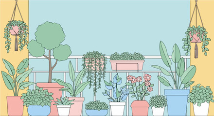 An assortment of houseplants in colorful pots on a balcony railing, creating a tranquil urban garden oasis