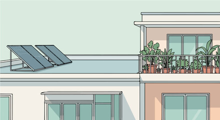 Rooftop solar panels and balcony plants on a modern apartment building exterior