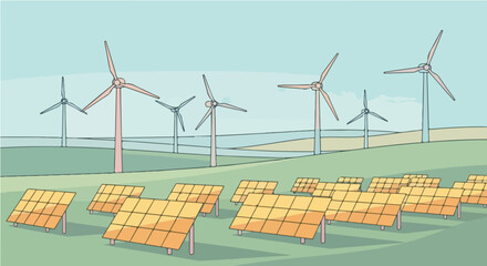 Sustainable energy concept featuring a wind farm and solar panels in a green field illustration