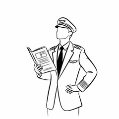 Line art illustration of a professional airline pilot studying a flight manual.