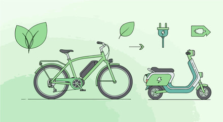 Illustration of an electric bicycle and scooter as a concept for sustainable urban mobility and green energy transportation