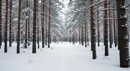 Tranquil snow-covered path through a dense pine forest on a serene winter day.