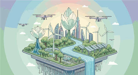 Sustainable Cityscape A Futuristic Illustration of Eco-Friendly Urban Development and Technology