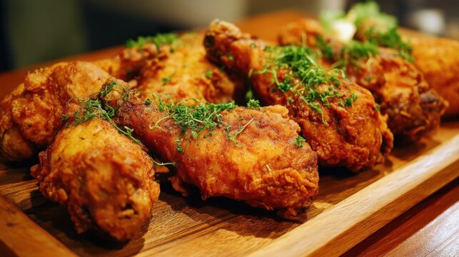 Golden brown fried chicken pieces arranged on a wooden platter garnished with fresh herbs. The warm atmosphere enhances the appetizing look of the dish.