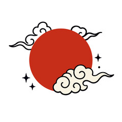 Japanese Red Sun with Decorative Clouds Minimal Vector Illustration