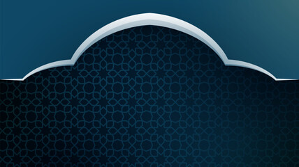 Islamic background template in dark blue design with big mosque arch shape and islamic pattern