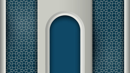 Islamic background with mosque arch in blue white design and islamic pattern style