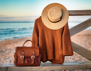 summer getaway essentials with knitted sweaters a straw hat and a leather bag by the beach
