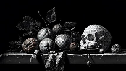Vanitas Still Life with Human Skull and Fruit in Monochrome perfect for Artistic prints, editorial content, book covers, conceptual design, educational