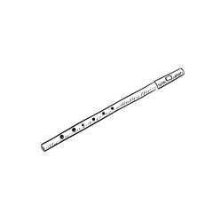 A tin whistle illustration drawn by hand in black line.
