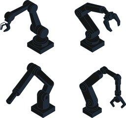 Minimalist line art illustration set of industrial robotic arms with different tool heads for automation, manufacturing, assembly, and engineering technology