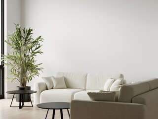 White 2026 cloud dancer color living room. Lounge area sofas with an accent empty walls background. Modern interior design room home or hotel lounge or lobby. Minimalist furniture and mood. 3d render